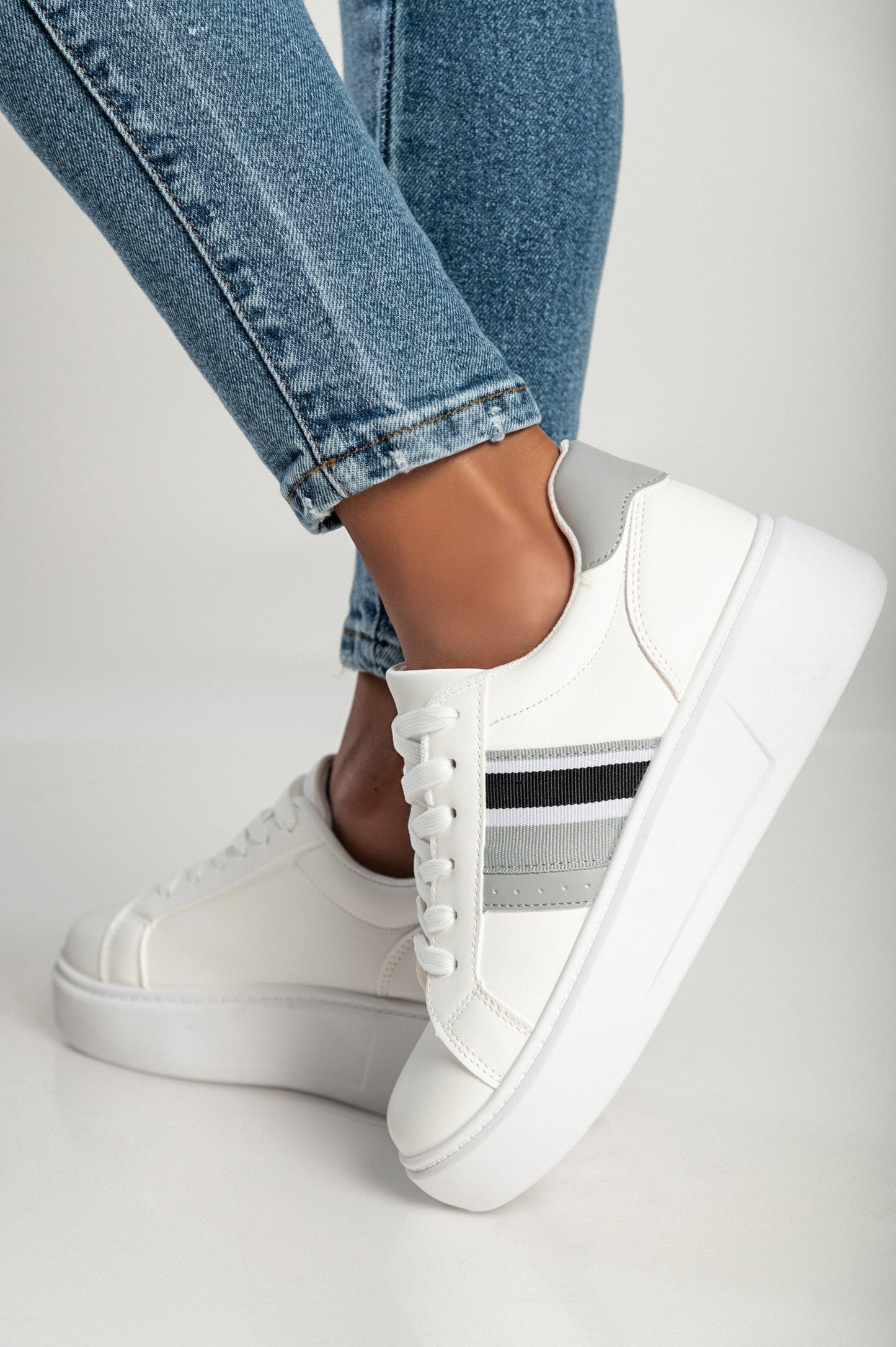 Fashion sneakers with flat sole, AD752, white-silver - Vero.com