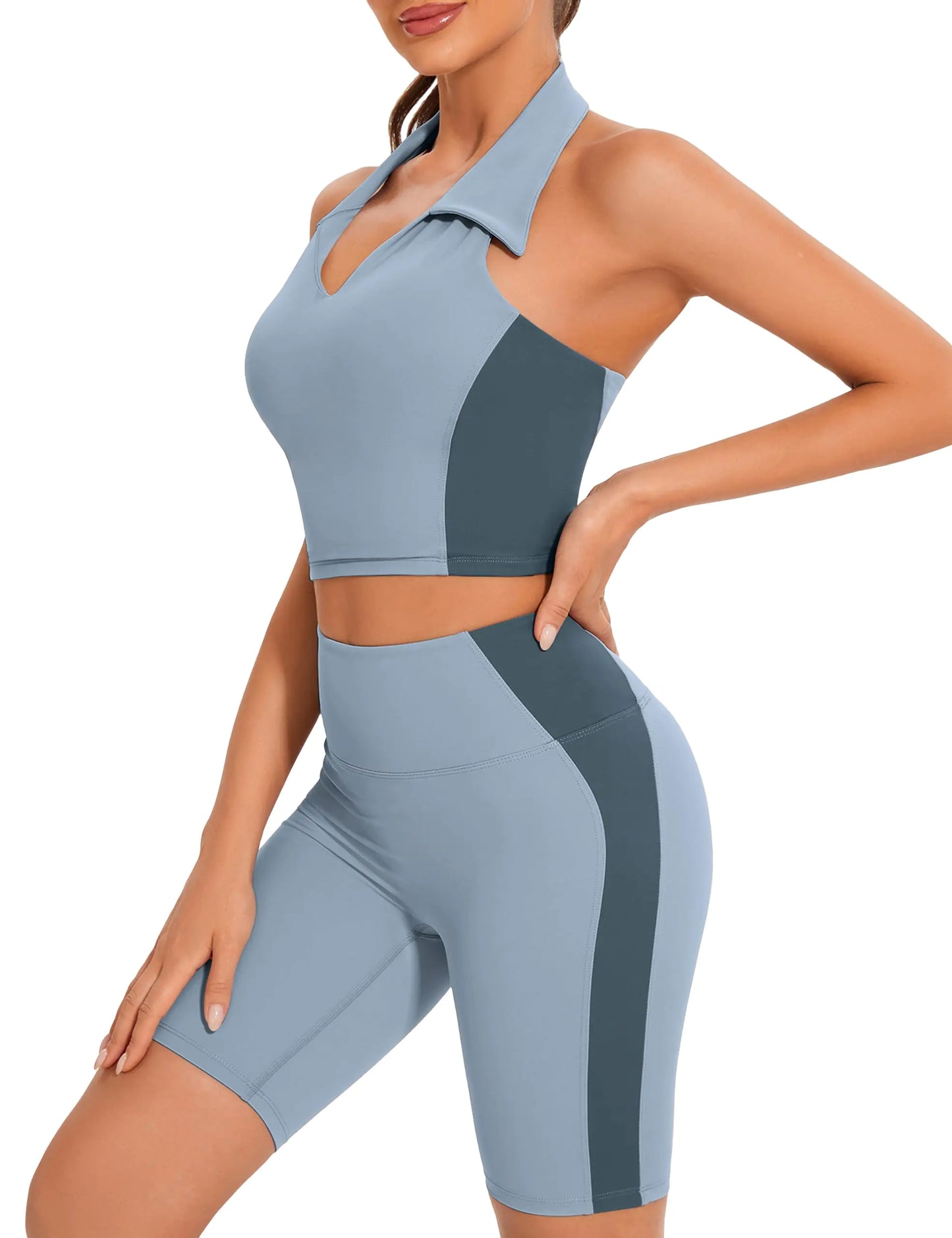 Womens Workout Sets 2 Piece Backless Top and High Waist Shorts Yoga Outfits Trendy Colorblock Summer Gym Clothes - Vero.com