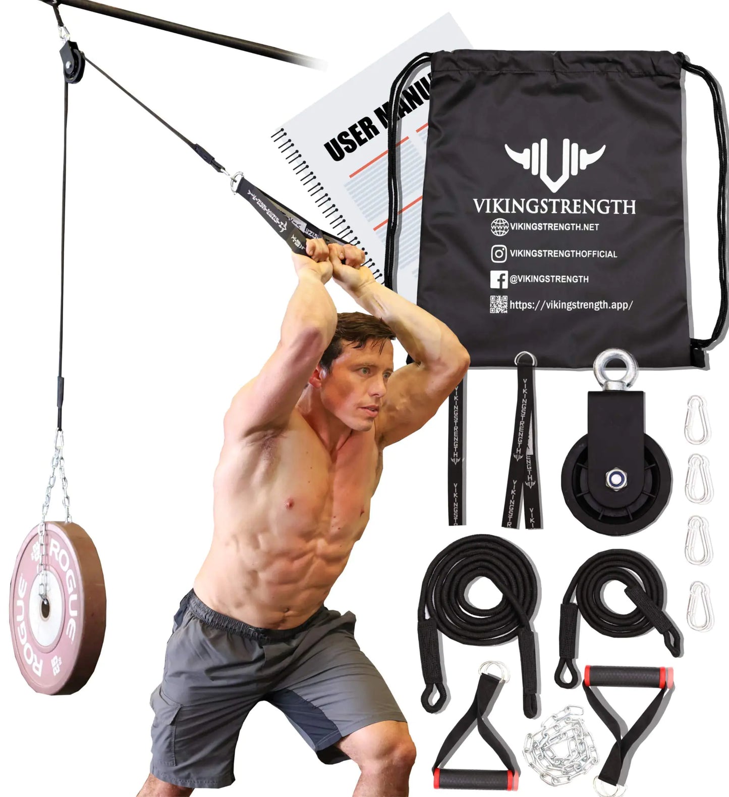 Vikingstrength Pulley System Cable Pulley Gym Equipment Machine for Home for Triceps Pull Down Biceps Curl Back Forearm and LAT Pulldown Garage Gym Gym Equipment + V-Strength Workout App - Vero.com