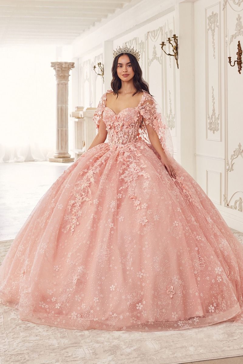 Floral Quinceanera Ball Gown With Cape - Vero.com 