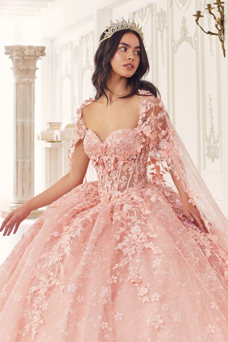 Floral Quinceanera Ball Gown With Cape - Vero.com 