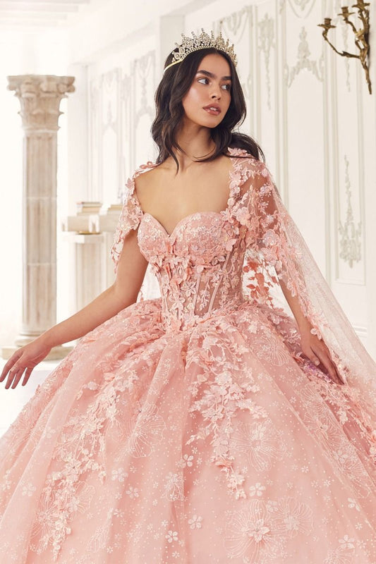 Floral Quinceanera Ball Gown With Cape - Vero.com 