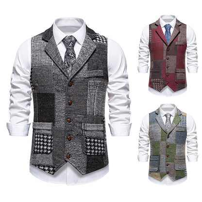 Retro Patchwork Lapel Men's European Size Suit Vest