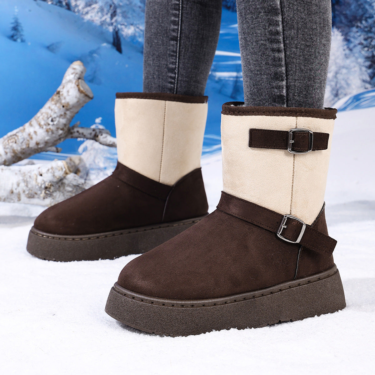 Round Toe Fashionable And Comfortable Furry Slip-on Snow Boots For Women