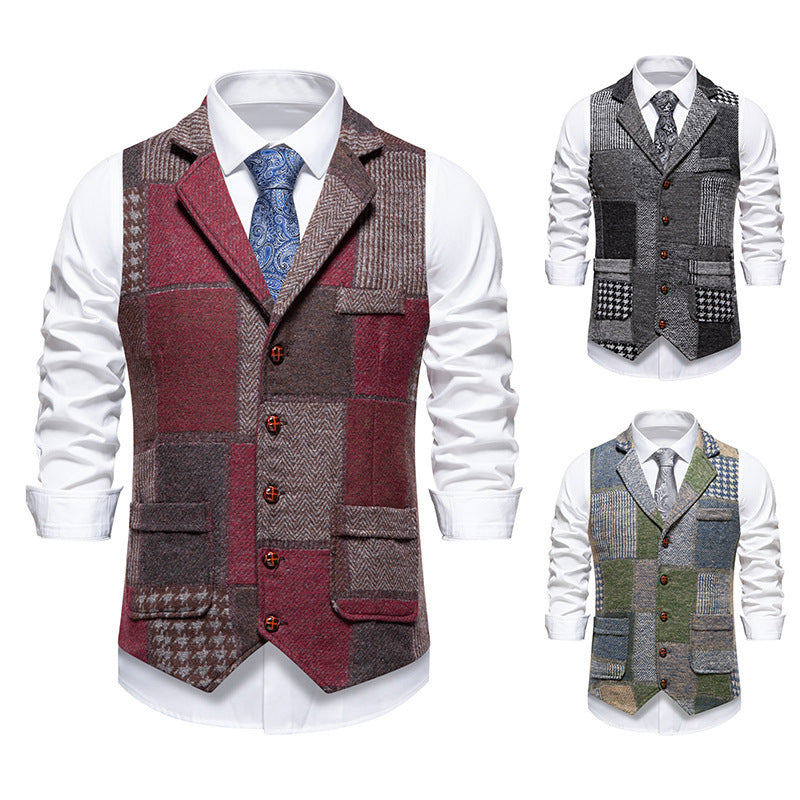 Retro Patchwork Lapel Men's European Size Suit Vest
