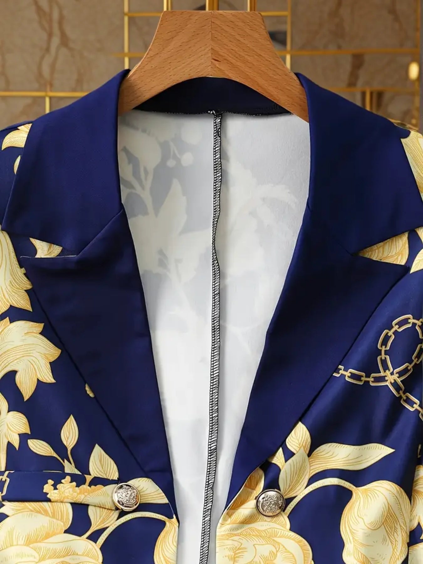 2025 New Women's Elegant High-end Printed, Chain Printed Slim Fit Suit Jacket And Pure Blue Leggings, Suit Two-piece Set, Machine Washable, All Season Fashionable