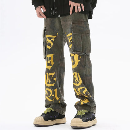 Embroidered Straight Cargo Denim Trousers for Men - Vero.com 