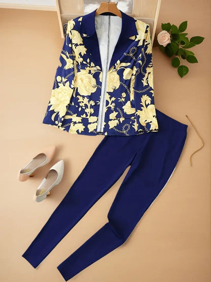 2025 New Women's Elegant High-end Printed, Chain Printed Slim Fit Suit Jacket And Pure Blue Leggings, Suit Two-piece Set, Machine Washable, All Season Fashionable