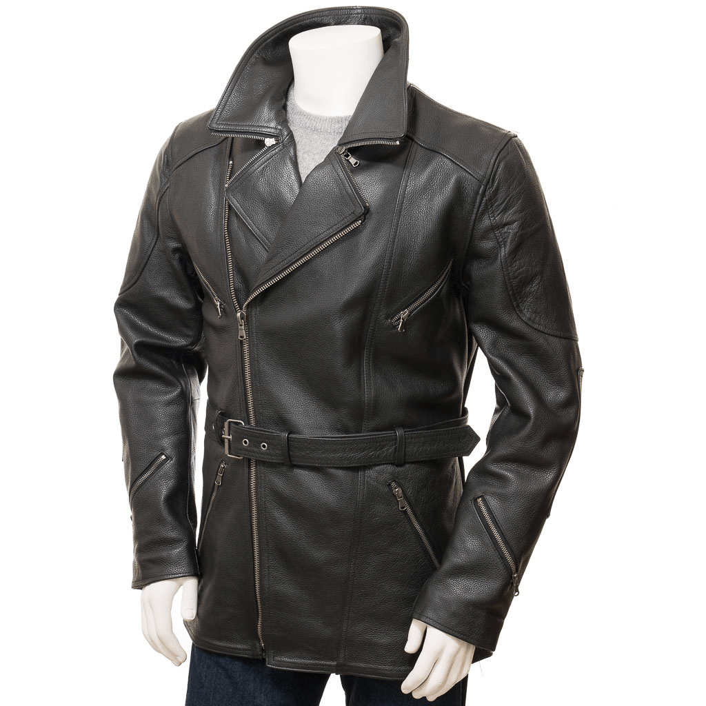 MEN BLACK BELTED LEATHER JACKET COAT HARFORD