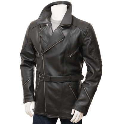 MEN BLACK BELTED LEATHER JACKET COAT HARFORD