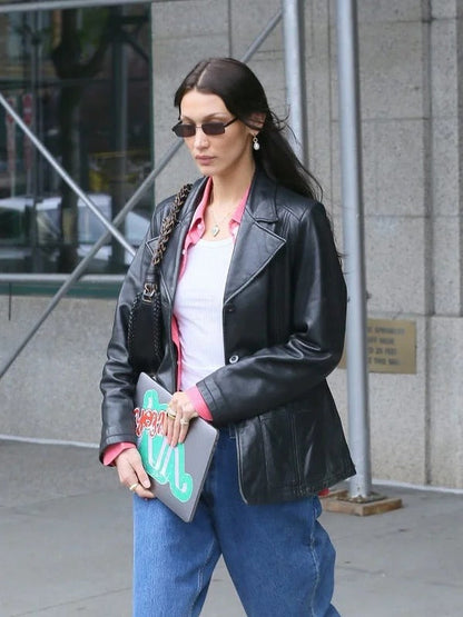 Bella Hadid Leather Jacket Black Button Closure - Vero.com 