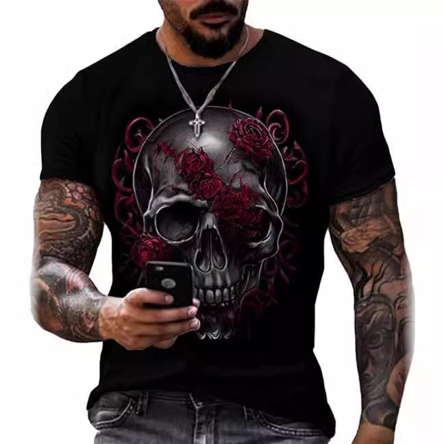 Printed Men's Short Sleeve Skull Head Round Neck T-shirt Hot Selling Short Sleeve