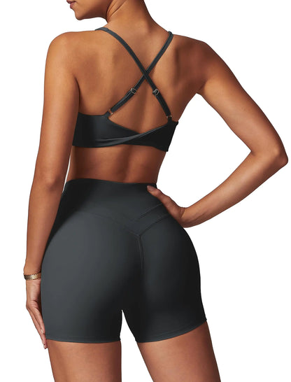 ABOCIW Workout Sets for Women 2 Piece V Neck Twist Back Sports Bra High Waist Biker Shorts Yoga Outfits Dark Gray Medium - Vero.com 