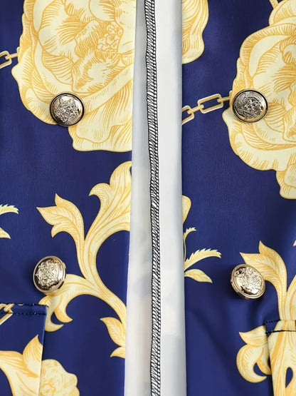 2025 New Women's Elegant High-end Printed, Chain Printed Slim Fit Suit Jacket And Pure Blue Leggings, Suit Two-piece Set, Machine Washable, All Season Fashionable