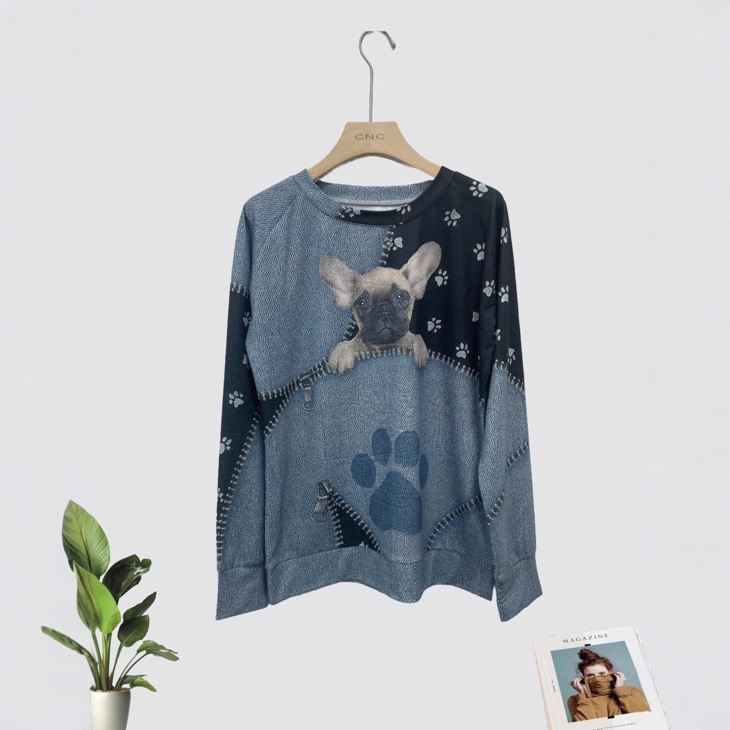 Women's Casual Christmas Digital Printing Sweater featuring a cute dog design and paw prints.