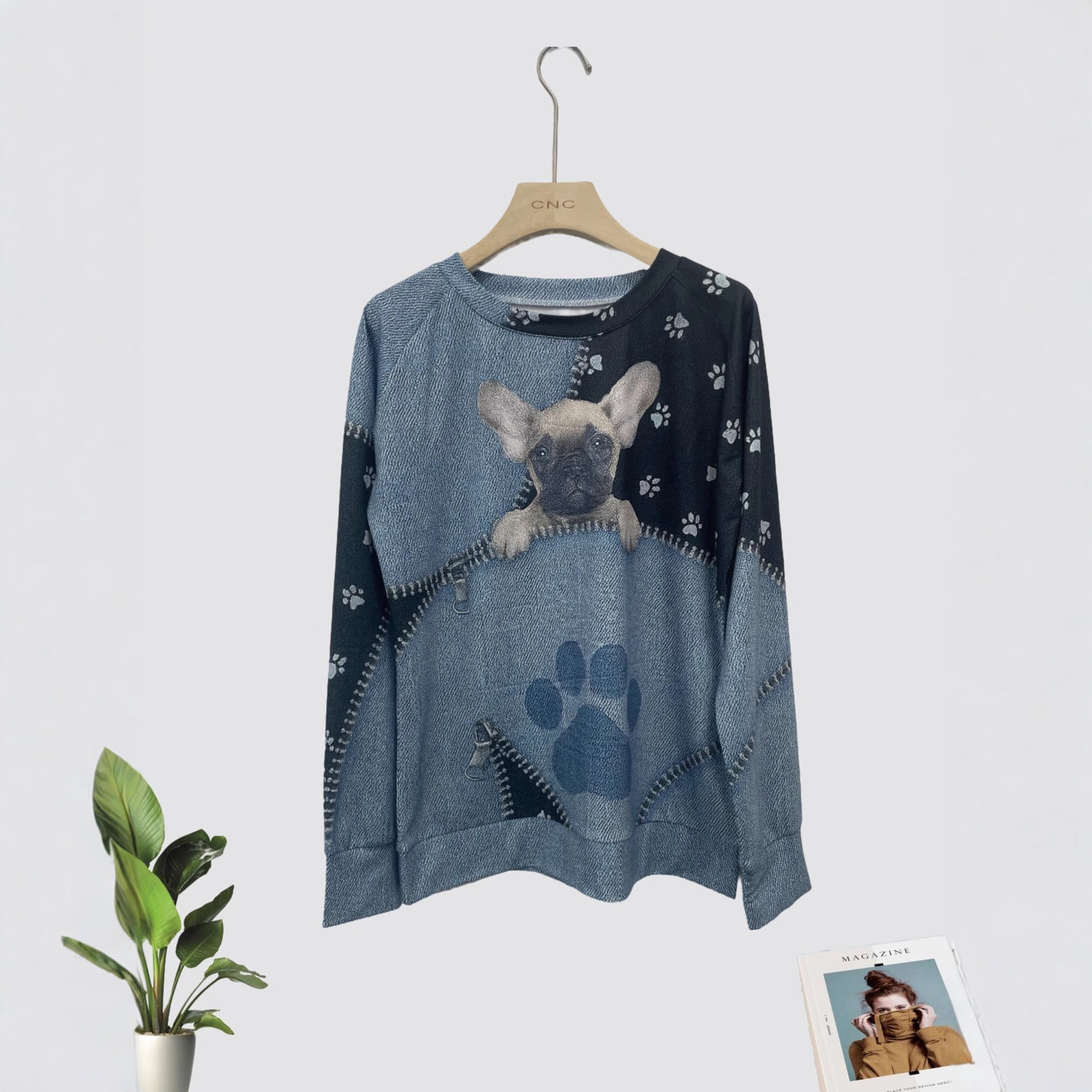 Women's Casual Christmas Digital Printing Sweater featuring a cute dog design and paw prints.