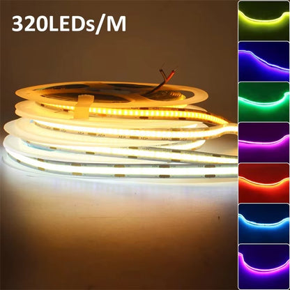 High Quality Flexible Cob Led Strip 24v High Density 8MM 12v 320LED Red Golden Green Blue Purple pink Ice Blue COB LED STRIP