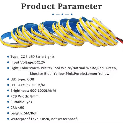 High Quality Flexible Cob Led Strip 24v High Density 8MM 12v 320LED Red Golden Green Blue Purple pink Ice Blue COB LED STRIP