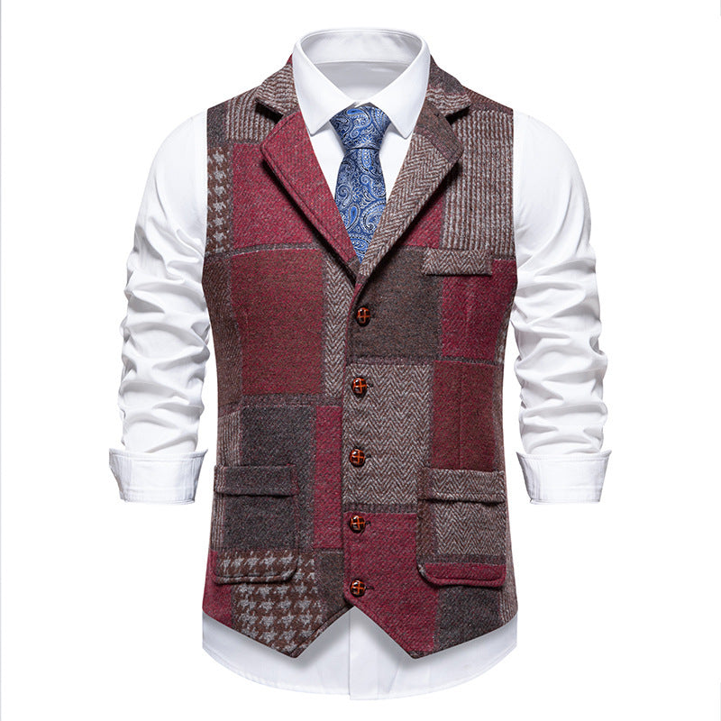Retro Patchwork Lapel Men's European Size Suit Vest