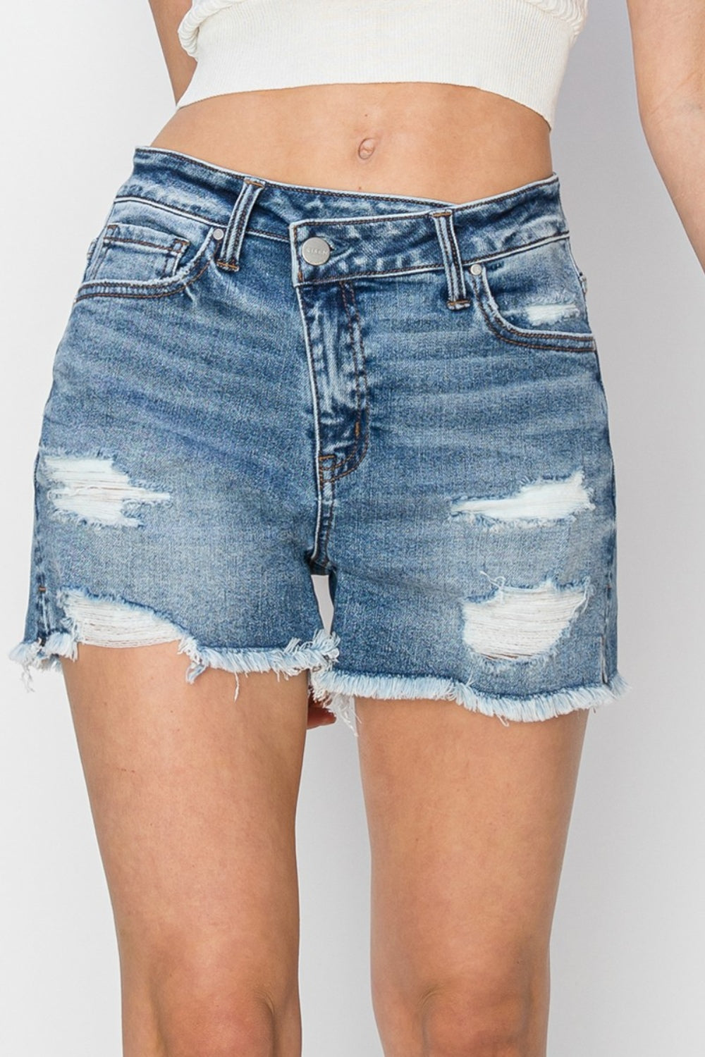 RISEN Stepped Waist Frayed Denim Shorts - Vero.com 