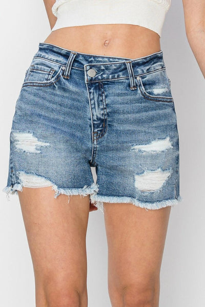 RISEN Stepped Waist Frayed Denim Shorts-0