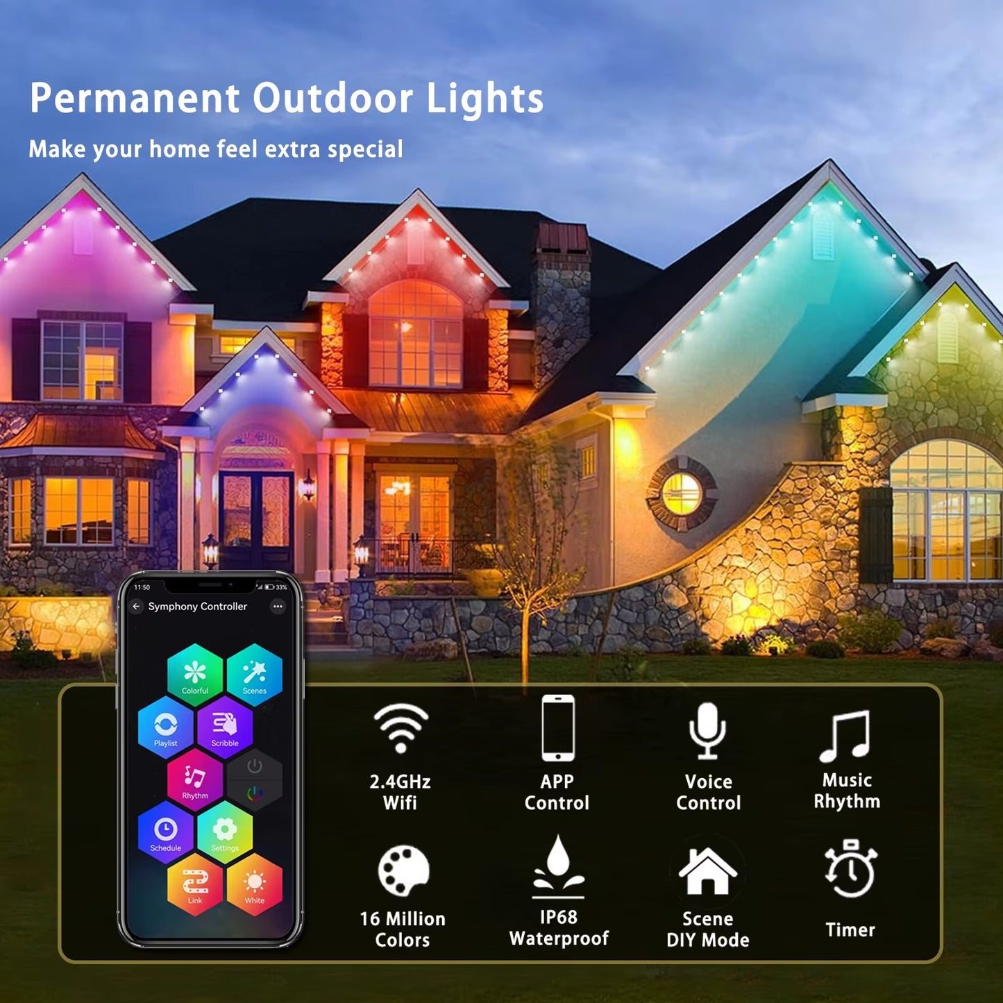 Twinklight Permanent Led Holiday Lights Outdoor with Track Soffit Lighting 12v Waterproof Ip68 Ucs2904 Rgbw Led Pixel