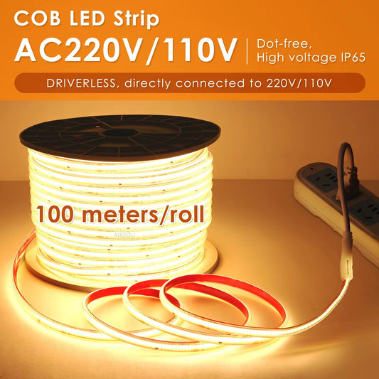 IP65 Outdoor Waterproof COB LED Strip Flexible High Voltage 220V/110V Solderless COB LED Strip Architectural Lighting Strip