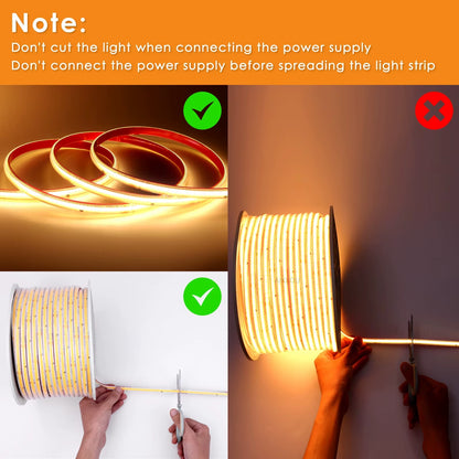 IP65 Outdoor Waterproof COB LED Strip Flexible High Voltage 220V/110V Solderless COB LED Strip Architectural Lighting Strip