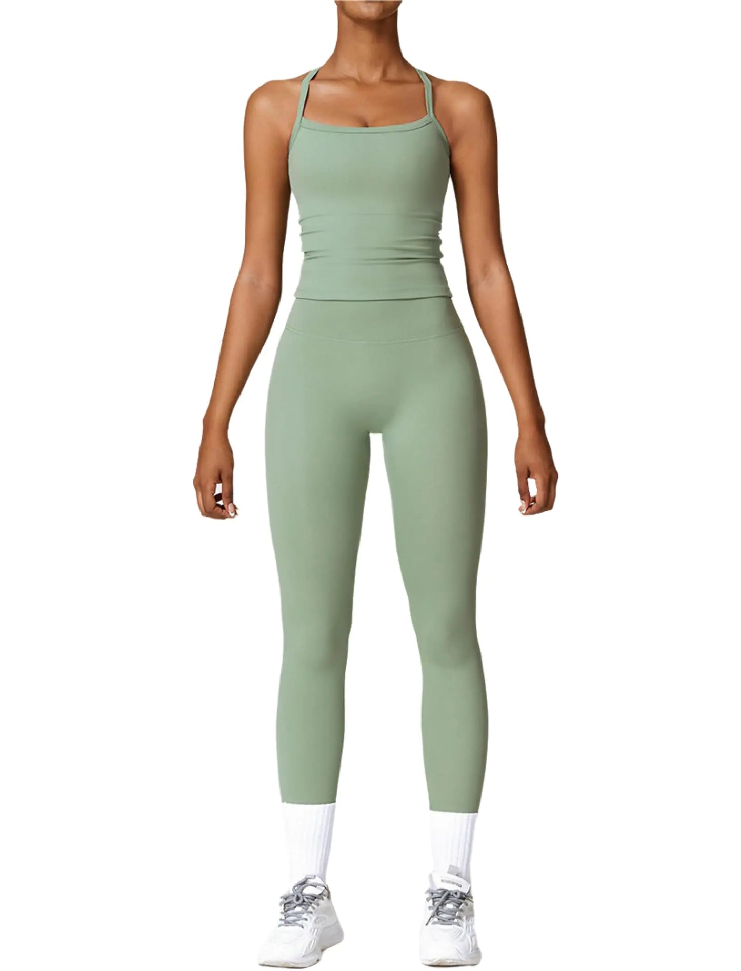 Womens Workout Sets Two Piece Seamless Stretch Cross Back Tank Top Matching Tummy Control High Waist Leggings Set 2 Piece For Women Gym Yoga Active Wear Outfits Athletic Work Out Clothes Green L - Vero.com 