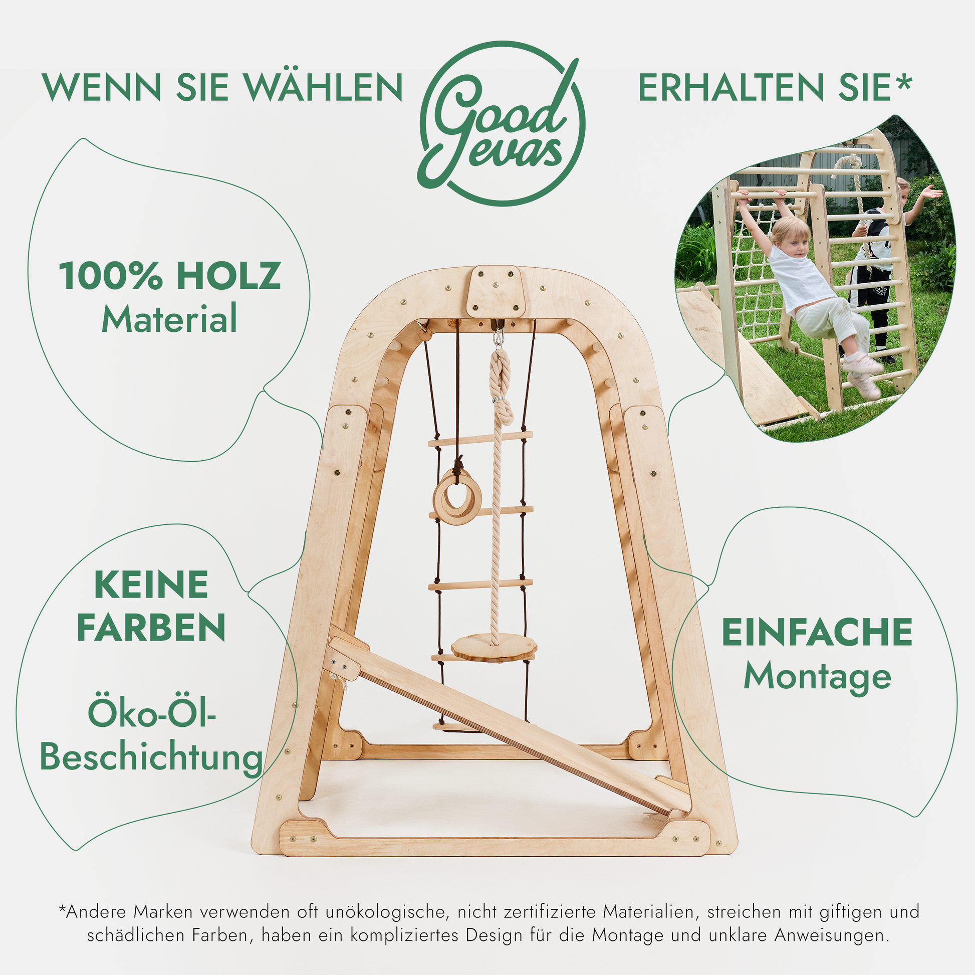 8in1 Indoor Spielplatz: Klettergerüst mit Kletternetz, Rutsche, Gymnastikringe, Hängende Leiter, Disc-Schaukel, Maltafel und Kinderstuhl – Beige - Vero.com 