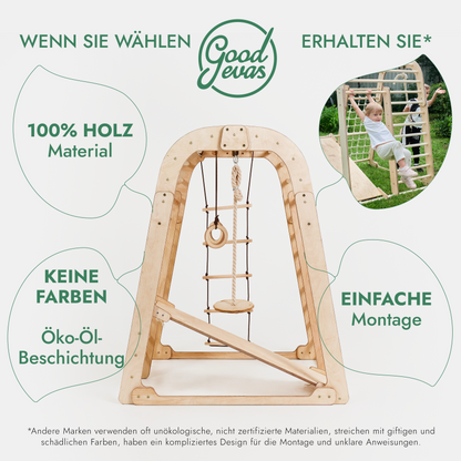 8in1 Indoor Spielplatz: Klettergerüst mit Kletternetz, Rutsche, Gymnastikringe, Hängende Leiter, Disc-Schaukel, Maltafel und Kinderstuhl – Beige - Vero.com 