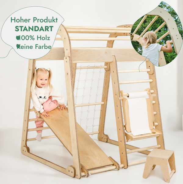 8in1 Indoor Spielplatz: Klettergerüst mit Kletternetz, Rutsche, Gymnastikringe, Hängende Leiter, Disc-Schaukel, Maltafel und Kinderstuhl – Beige - Vero.com 