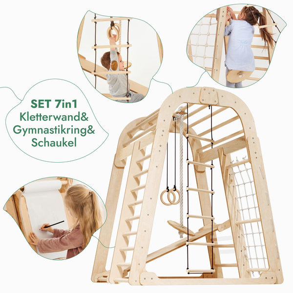 8in1 Indoor Spielplatz: Klettergerüst mit Kletternetz, Rutsche, Gymnastikringe, Hängende Leiter, Disc-Schaukel, Maltafel und Kinderstuhl – Beige - Vero.com 