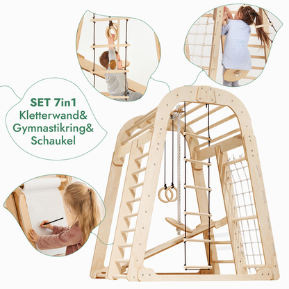 8in1 Indoor Spielplatz: Klettergerüst mit Kletternetz, Rutsche, Gymnastikringe, Hängende Leiter, Disc-Schaukel, Maltafel und Kinderstuhl – Beige - Vero.com 