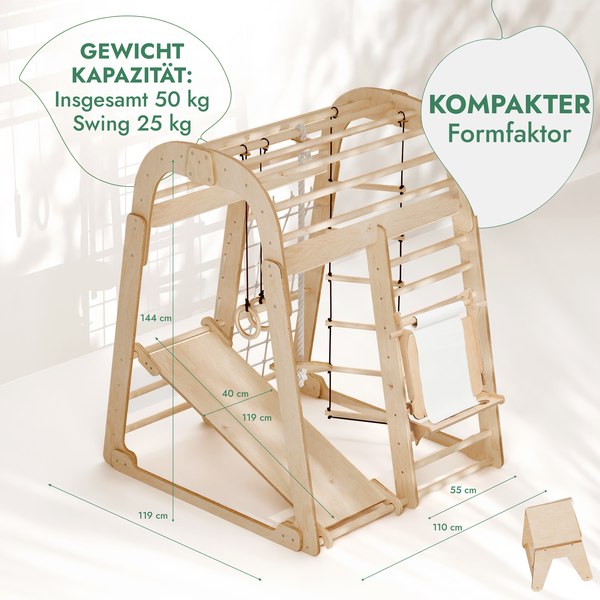 8in1 Indoor Spielplatz: Klettergerüst mit Kletternetz, Rutsche, Gymnastikringe, Hängende Leiter, Disc-Schaukel, Maltafel und Kinderstuhl – Beige - Vero.com 