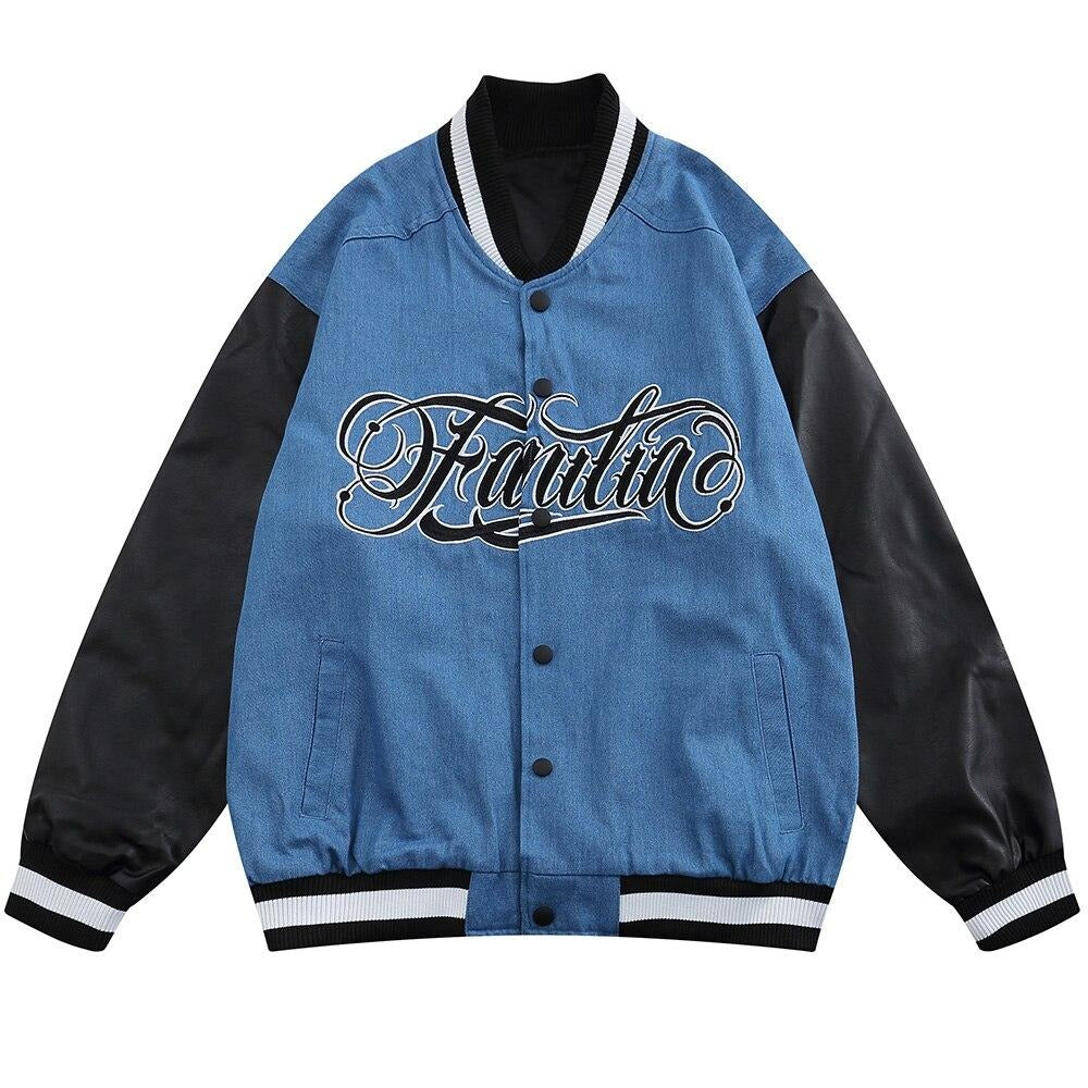 Jacket Men Denim Leather Patchwork Color Letter Embroidery Baggy Fashion High Street Style Baseball Jacket Autumn Coats - Vero.com 