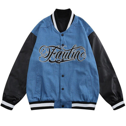 Jacket Men Denim Leather Patchwork Color Letter Embroidery Baggy Fashion High Street Style Baseball Jacket Autumn Coats - Vero.com 