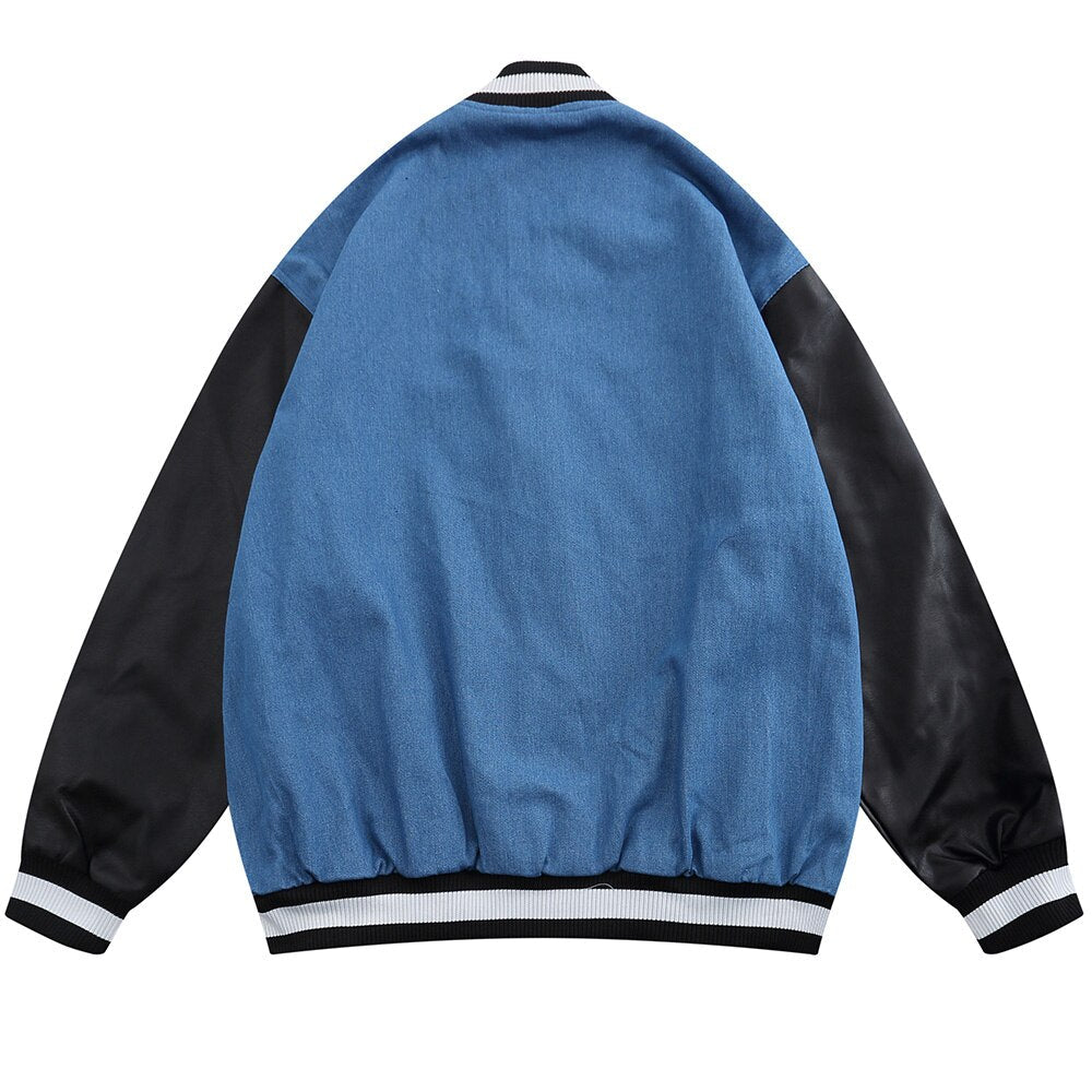 Jacket Men Denim Leather Patchwork Color Letter Embroidery Baggy Fashion High Street Style Baseball Jacket Autumn Coats - Vero.com 
