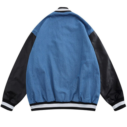 Jacket Men Denim Leather Patchwork Color Letter Embroidery Baggy Fashion High Street Style Baseball Jacket Autumn Coats - Vero.com 