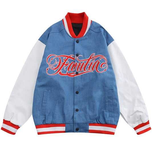 Jacket Men Denim Leather Patchwork Color Letter Embroidery Baggy Fashion High Street Style Baseball Jacket Autumn Coats - Vero.com 