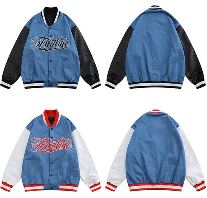 Jacket Men Denim Leather Patchwork Color Letter Embroidery Baggy Fashion High Street Style Baseball Jacket Autumn Coats - Vero.com 