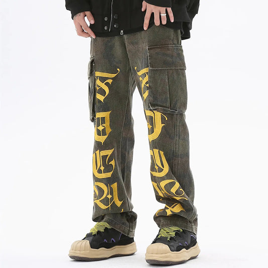 Embroidered Straight Cargo Denim Trousers for Men - Vero.com 
